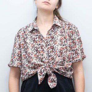 Size XL, Spring Floral Button Blouse, Short Sleeve